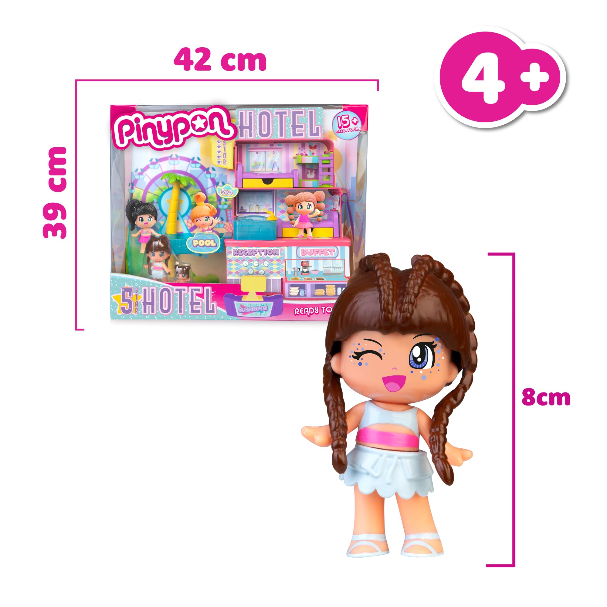 Pinypon - Hotel 5 Stelle, Playset Hotel con 2 Personaggi e accessori inclusi. Reception, Buffet, Family Room e Suite, per bambine/I da +4 anni, Famosa (PNY74000)
