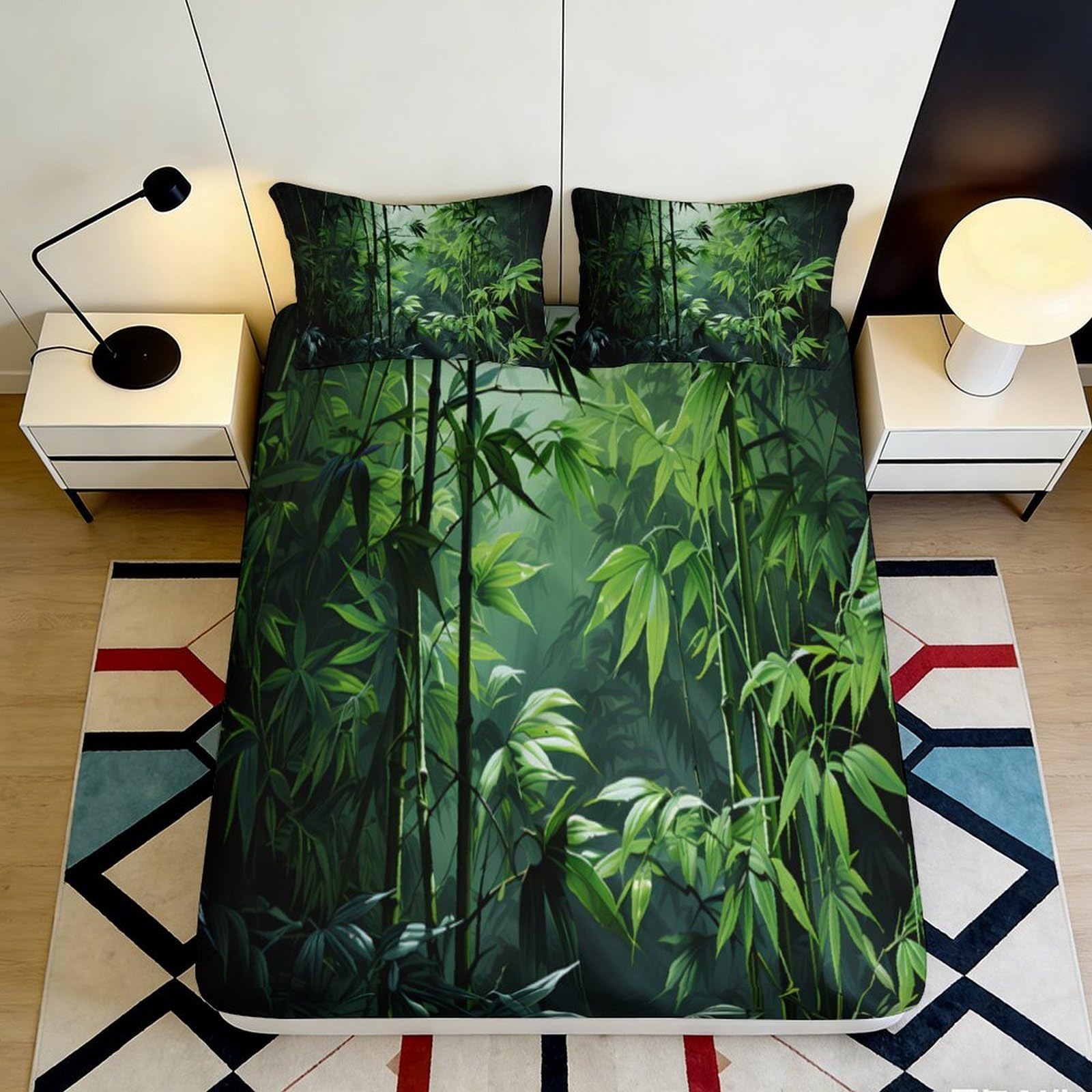3D Printed Bamboo Forest Fitted Sheet Microfiber Green Leaves Mattress Cover Bedroom Decor Anti-Slip Easy Care 90x200x25cm