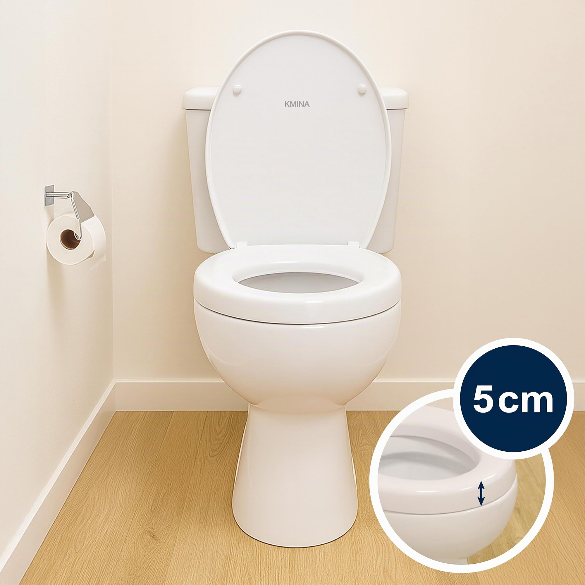 KMINA Toilettensitzerhöhung 5 cm mit Absenkautomatik, Duroplast, Weiß