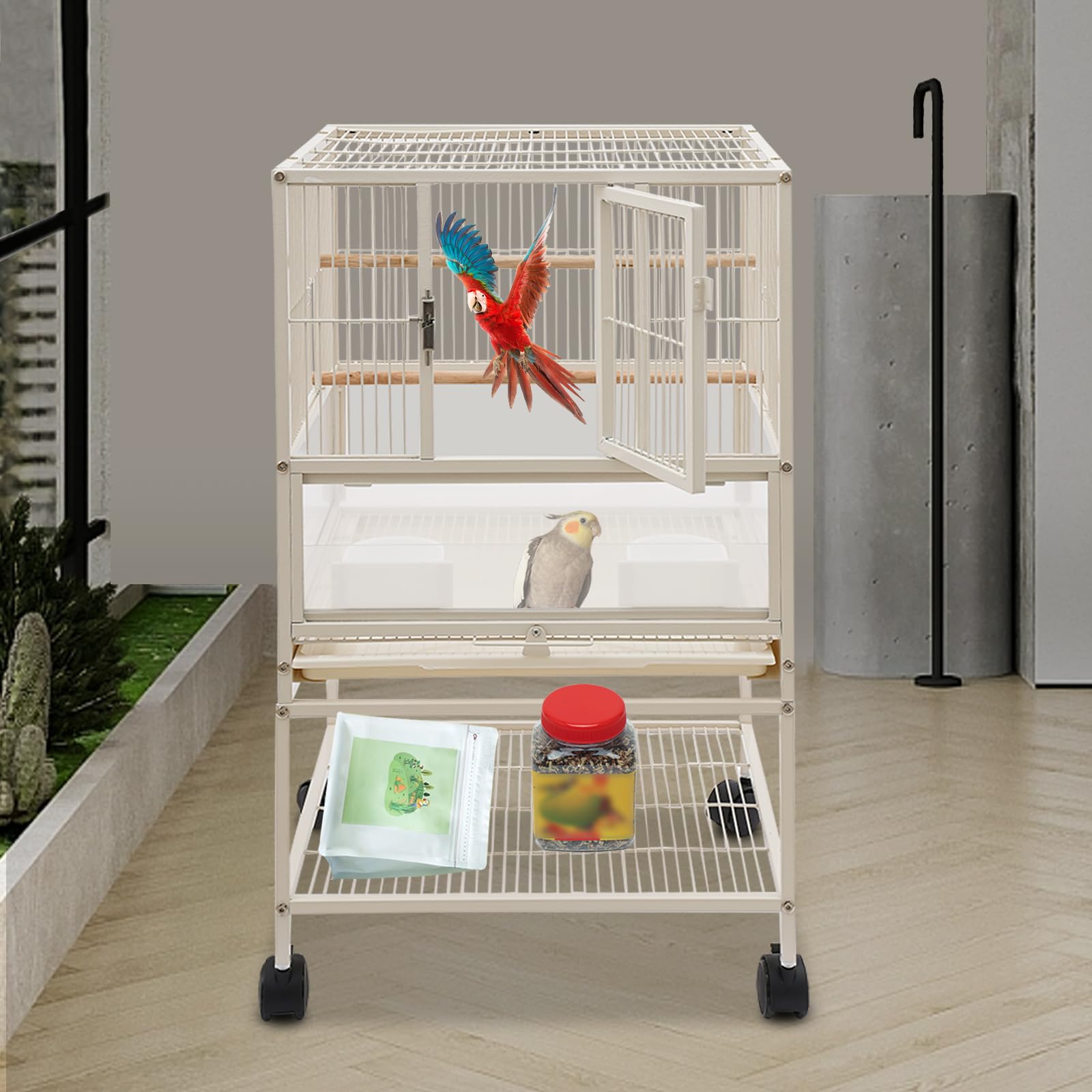 Jaula para pájaros grande con 4 ruedas, rectangular, 48,5 x 46 x 83 cm, independiente, jaula para loros, con 2 comederos y placa antideslizante para pájaros pequeños y medianos