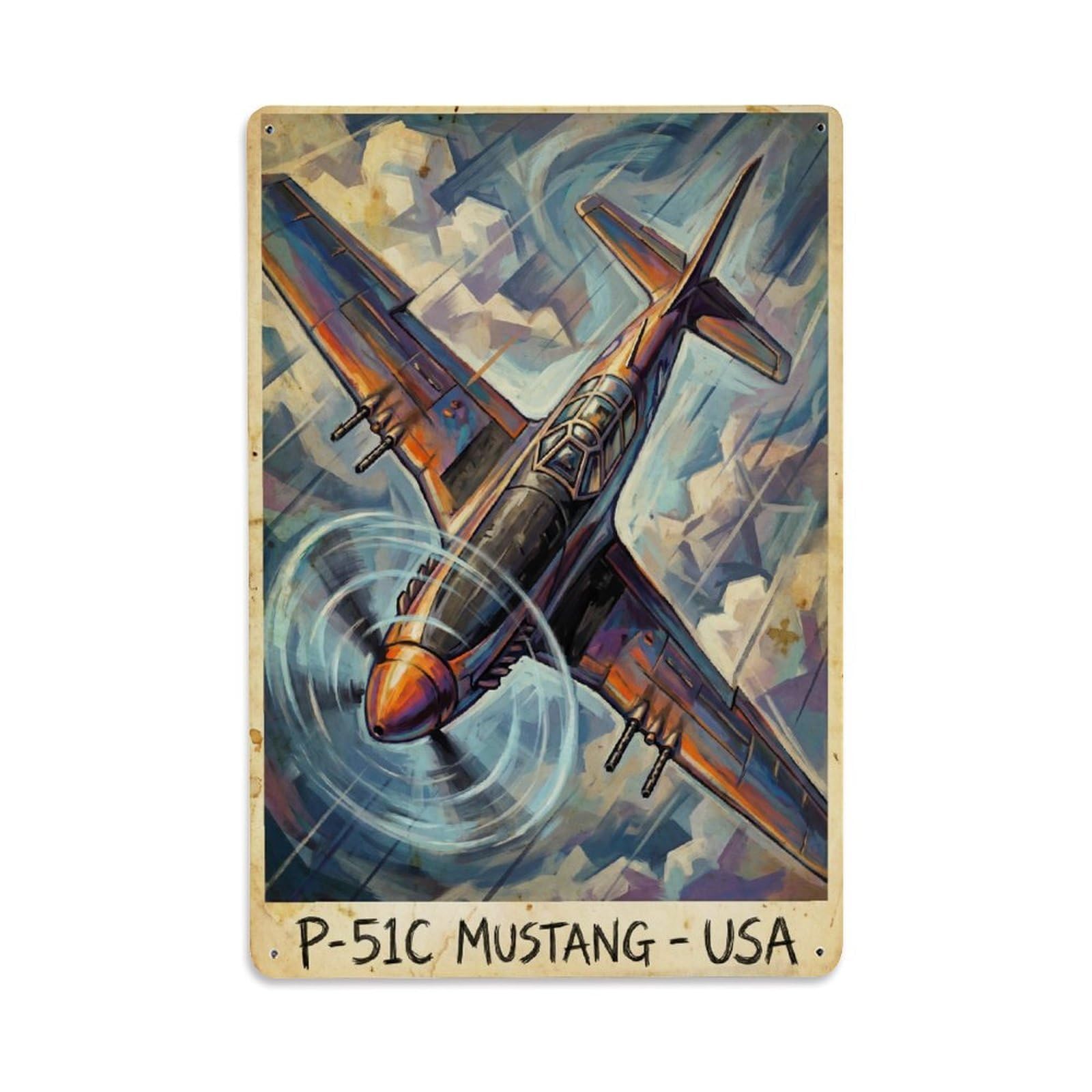 Action Aviation P-51C Mustang US WWII Military Metal Tin Sign Plaque Wall Decor for Cafe, Man Cave, Club Bar, Office, Home Garden Round Metal Poster 8x12Inch