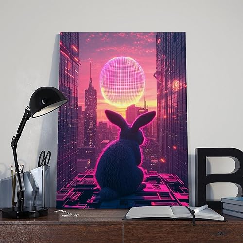 Miniatura 8 de Retro Futuristic Easter Wall Art  Neon Bunny with Cyber Egg  Synthwave 80s Sci-Fi Cityscape Poster  Unique Easter Decor & Gift for Vaporwave Fans