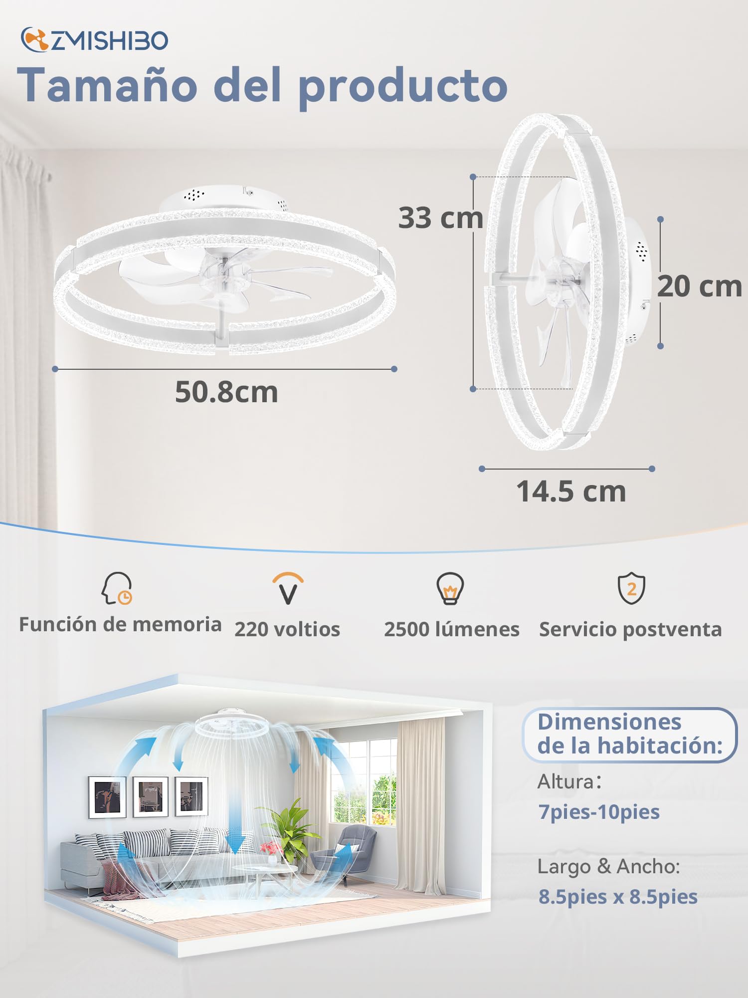 ZMISHIBO Ventilador de techo 51 cm con luz, patrón ondulado, doble anillo LED (blanco), APP y mando a distancia, 6 velocidades, giro adelante/atrás, 3000K-6000K regulable 10%-100%, memoria, temp. 2H