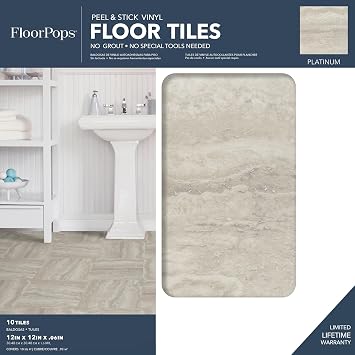 FloorPops Platinum Peel and Stick Floor Tiles, Grey, Marble Vinyl Floor Tiles, Water Resistant, 12 in x 12 in, Pack of 10