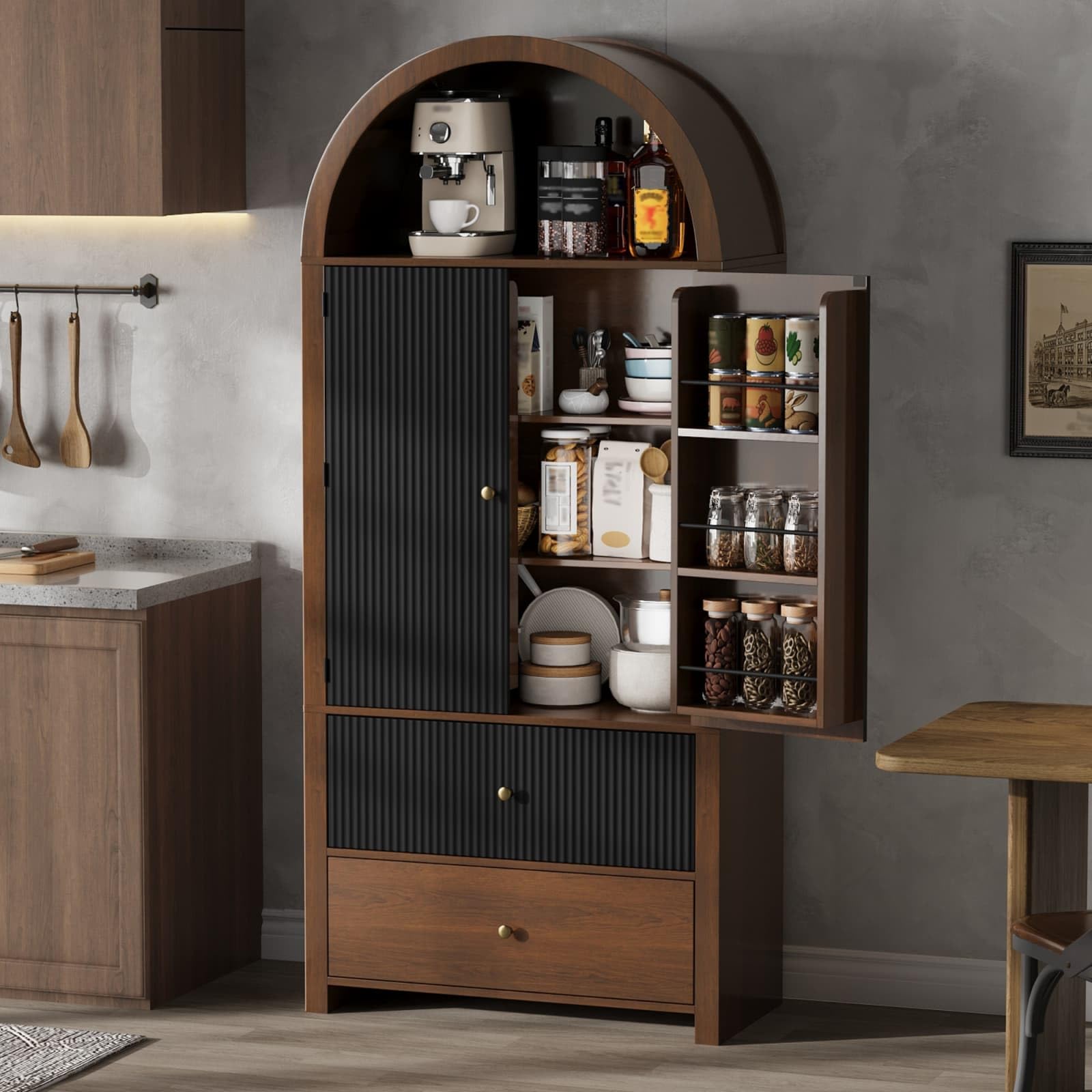 KOMHTOM Armoire de Rangement Haute, Armoire en Bois, Meuble de Rangement, Conception avec Dessus Incurvé, 3 Tiroirs, 2 Portes, pour Cuisine et Salon (Noir+Naturel)