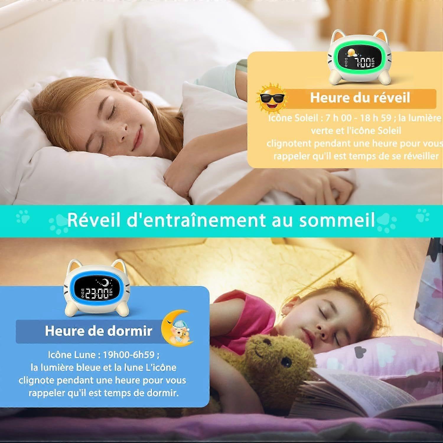 Kinderwecker, pädagogischer Tag-/Nachtwecker mit 5-farbigem LED-Licht, Geschenk für Jungen und Mädchen, 7 Musikarten, zwei Alarme, wiederaufladbar über USB
