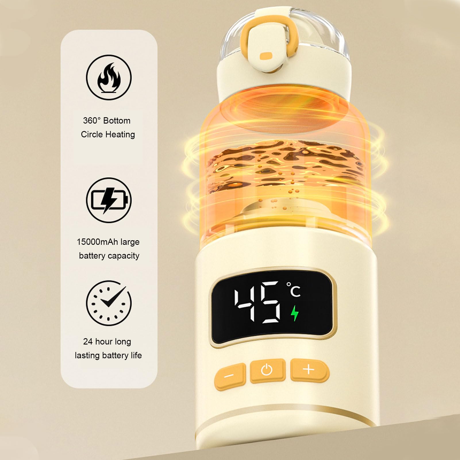 Fafeicy Calentador de Leche Portátil, Calentador de Botellas de Viaje, Calentador de Biberones con Batería de 15000 MAh, Calefacción Rápida para la Fórmula de Leche Materna Agua y Jugo