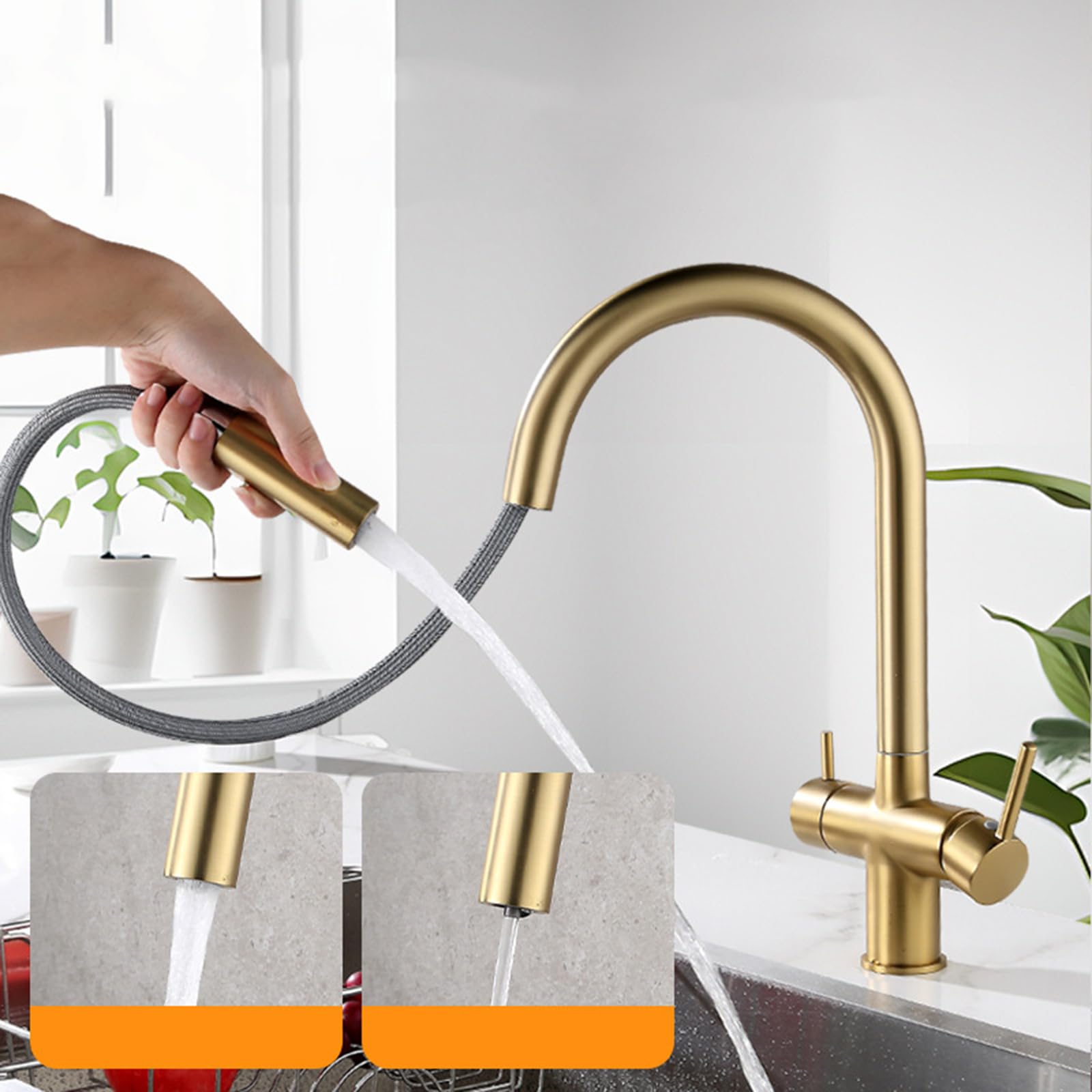 Grifo Cocina Tres Vias Extraible Oro Cepillado Giratorio a 360° Latón Grifo Fregadero 3 Vias Osmosis-Oro Cepillado