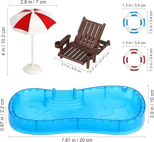 Miniatura 2 de Mini juego de muebles de casa de muñecas con anillo de natación, piscina y silla de playa, plástico, colores surtidos, 7.87 x 3.54 x 0.78 pulgadas,