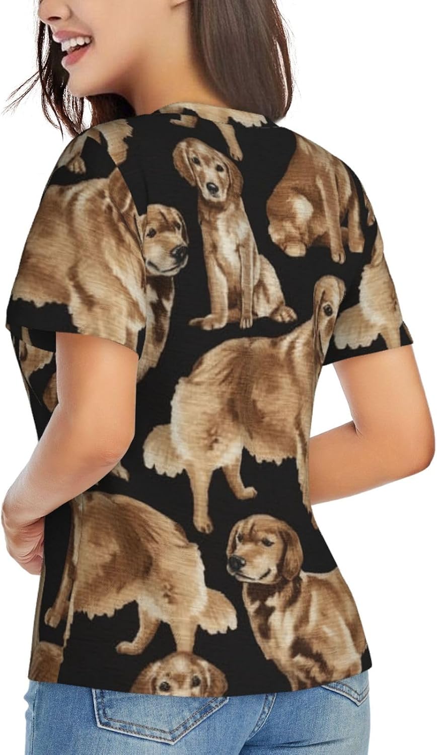 Women Casual Golden Retrievers Print V-Neck T-Shirt Short Sleeve Summer Trendy Tops