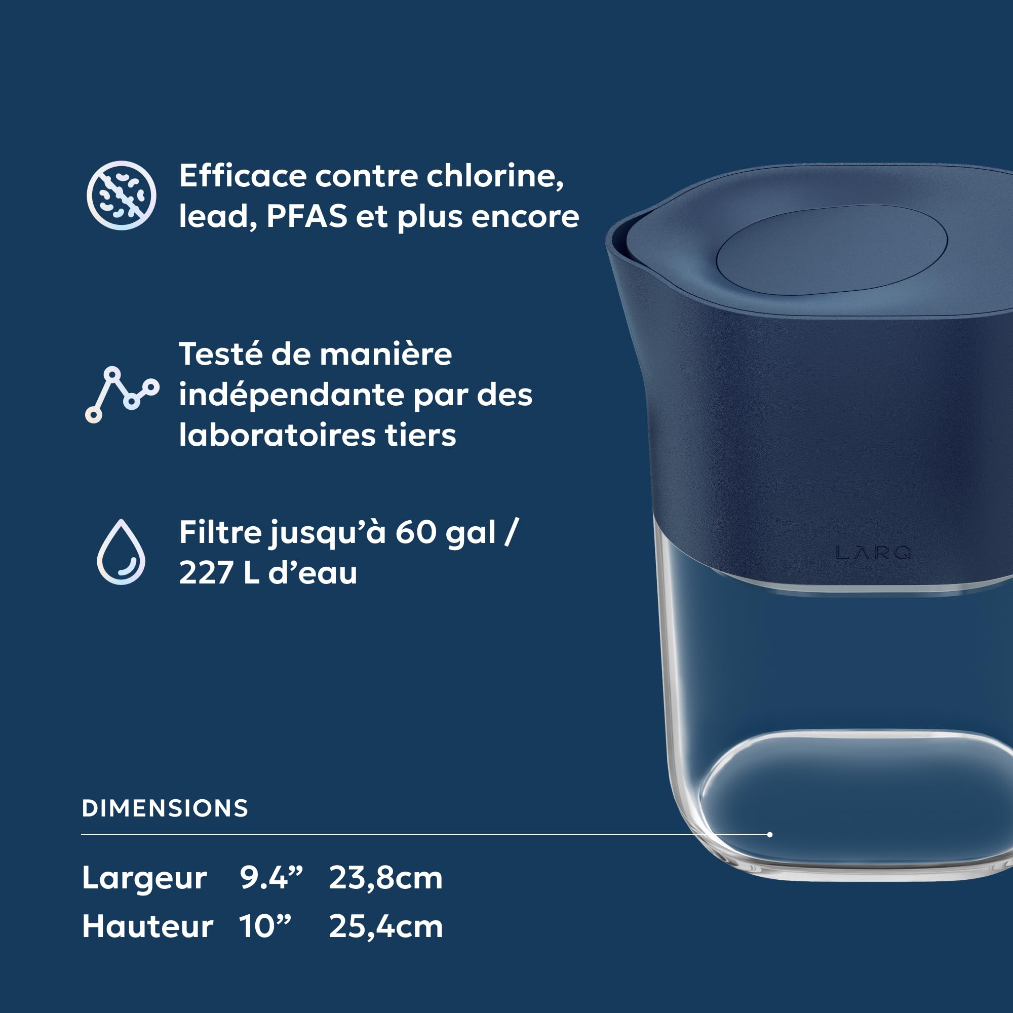 LARQ Carafe filtrante 1,9 L – Filtre Nano Zero élimine le chlore, le plomb, les PFAS et plus encore - Monaco Blue