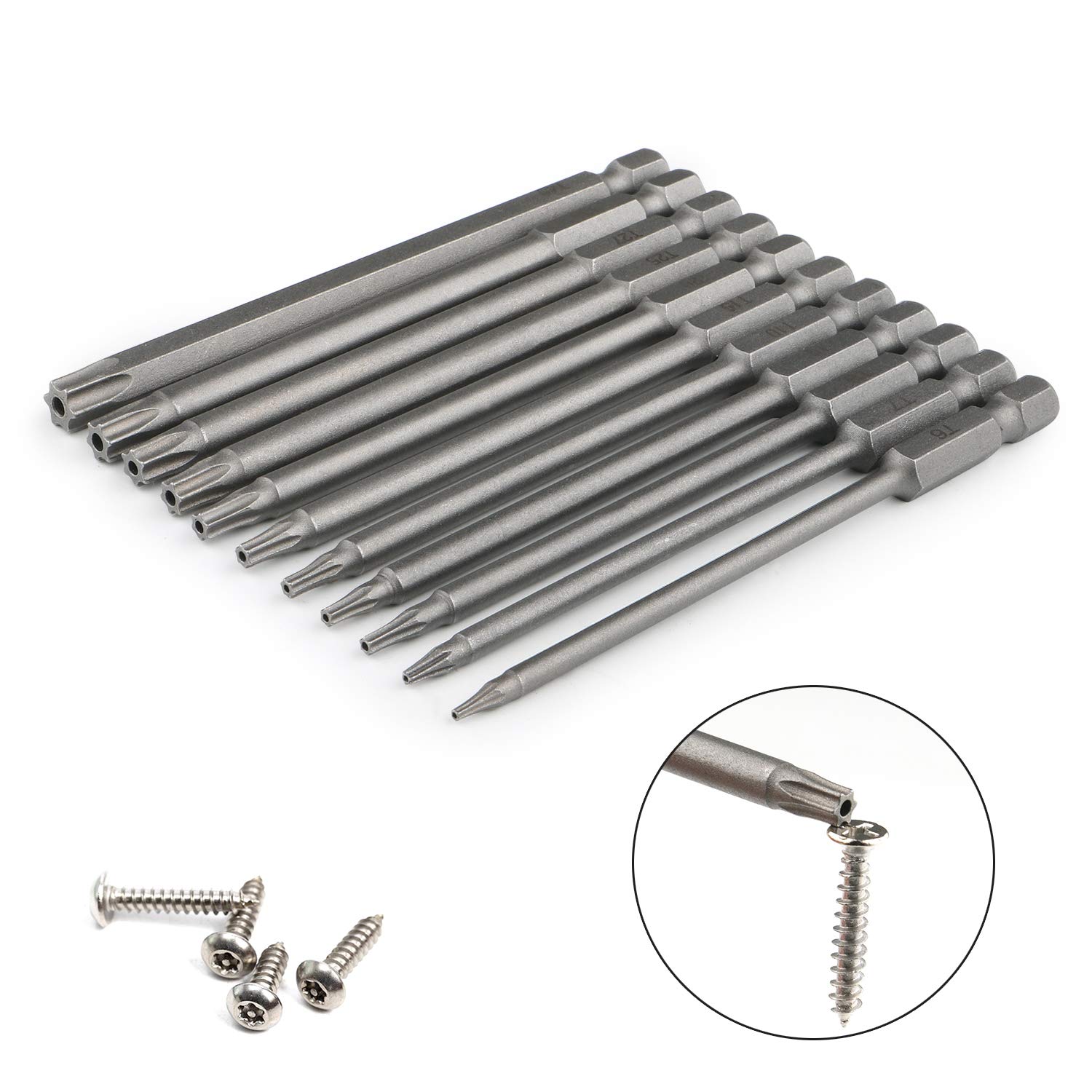 11-tlg. Torx-Bitset Lang, 100 Mm, Magnetisch – T6 Bis T40, 1/4 Zoll Sechskant, Für Schraubendreher & Akkuschrauber
