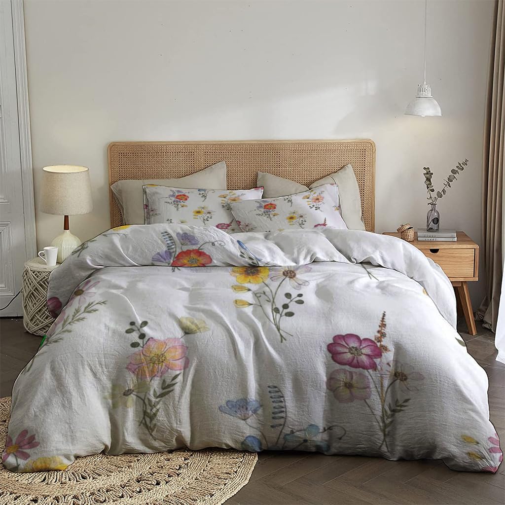 NIBAINLO 布団カバー白地に水彩画の花 肌に優しい ピーチスキン加工 掛け布団カバー 和式 洋式 あったか 布団カバーセット リバーシブル ホームステイ ホテル 家庭兼用