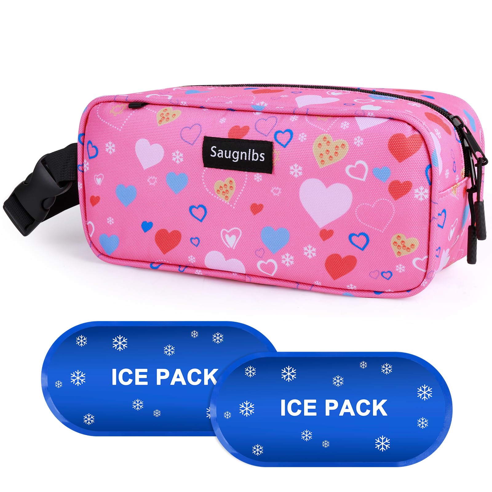 Saugnlbs Small Cool Bag,Mini Cool Bag with Ice Packs,Small Insulated Lunch Bag with Handle Buckle,Freezable Lunch Bag for Travel/Work/School/Outdoors, 10“ x 4.5”x 5”,Love