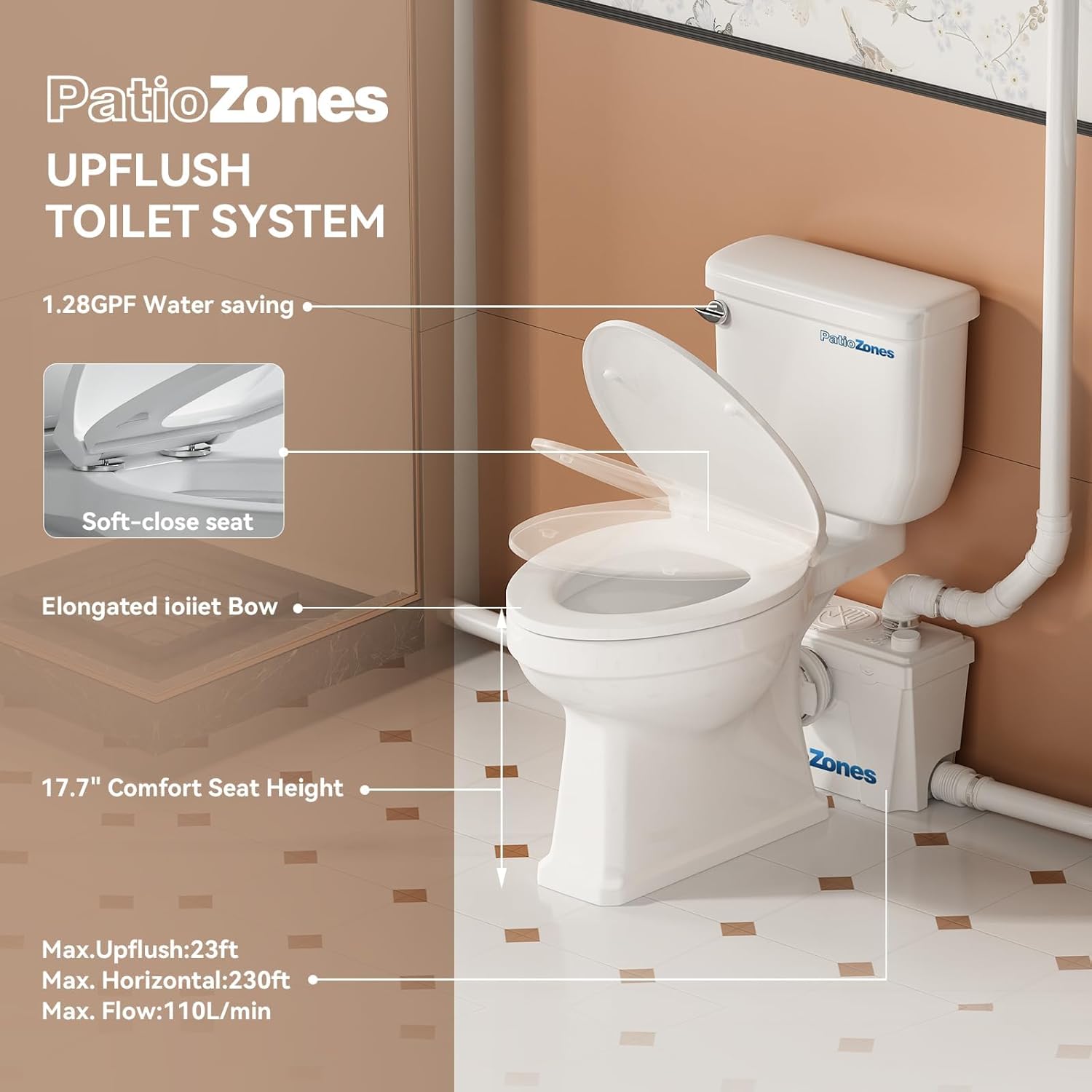 Macerating Toilet System 2-Piece Upflush Toilet with Pump(with Extension Pipe) for Basement Sink/Shower/Laundry Waste Water Disposal, Copper Motor, Elongated, Less Consumption, 230ft Horizontally