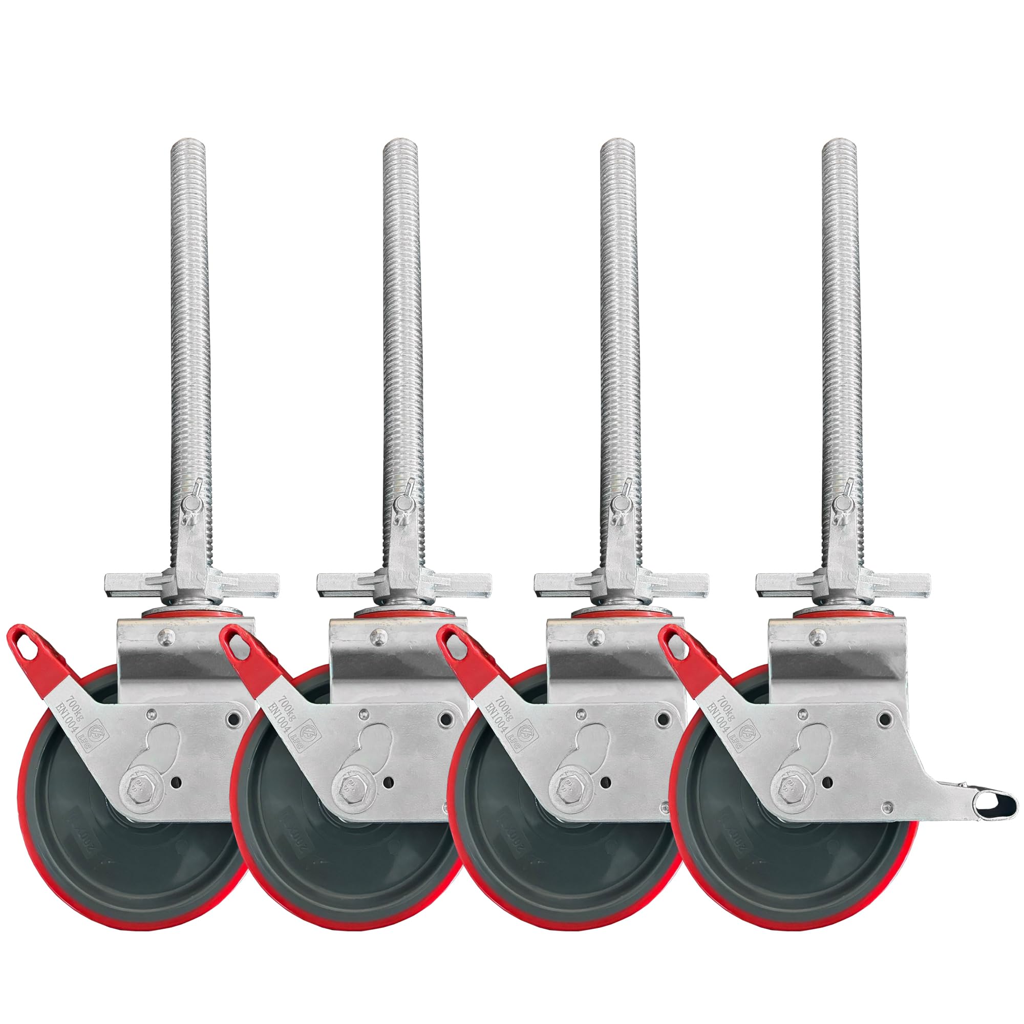 200 mm PU Gerüstrollen Set (4 Stück) LAYHER*-kompatibel mit Stahlspindel - Doppelt gebremst, lotrecht stehend