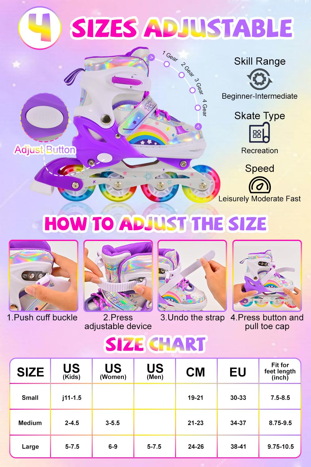 LOKJIJI Pattini in linea regolabili per bambini ragazze ragazzi principianti, Pattini a rotelle per bambino e adolescente per lo sport Viola Arcobaleno