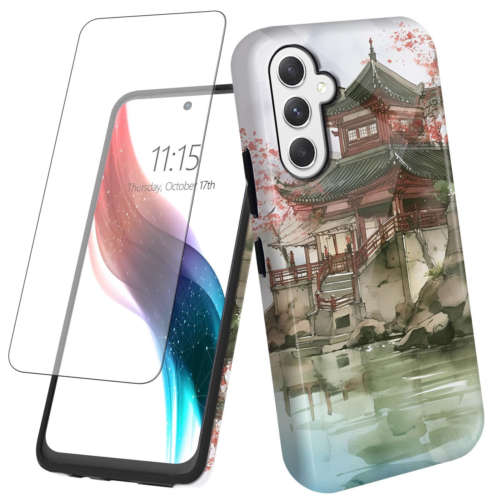 for Samsung Galaxy S24 FE 5G Phone Case with Screen Protector Art Cherry Blossom Design for Women Men Hybrid Dual Layer Hard PC Shell Soft TPU