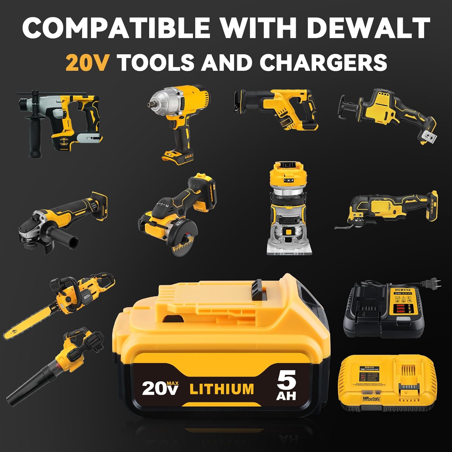 4 Pack 5000mAh Li-ion Replacement for Dewalt 20V Max Battery 5.0Ah DCB200 DCB206 DCB201 DCB203 DCB181 DCB180 DCD/DCG/DCF/DCS Series Cordless Power Tools
