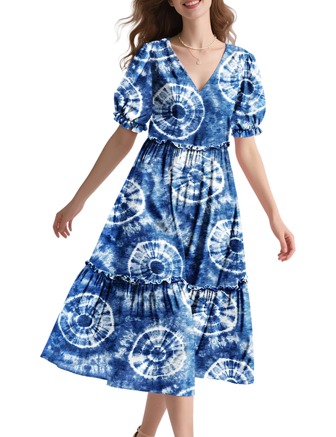 YESNO Summer Floral Midi Dresses for Women V Neck Puff Short Sleeve Frill Trim Dress with Pockets EVX