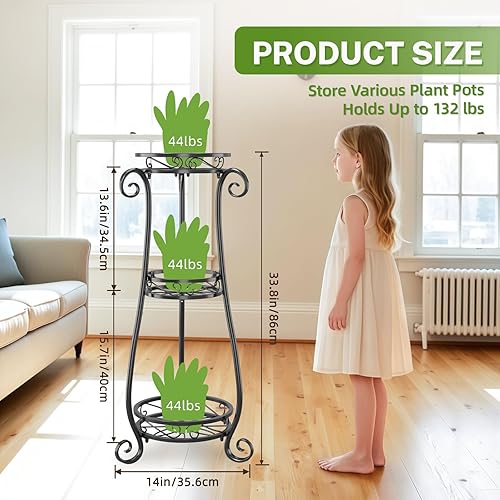 Miniatura 2 de iDavosic.ly Soporte de metal para plantas de 3 niveles para interiores y exteriores, estante alto de hierro forjado, estante vertical resistente de