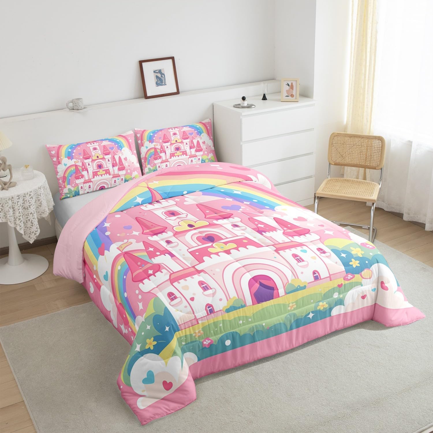 Feelyou Kids Cartoon Castle Comforter Set Toddler Size, Princess Bedding Set Castle Comforter for Kids Boys Girls Dreamy House Duvet Insert Room Decor with 1 Pillow Case