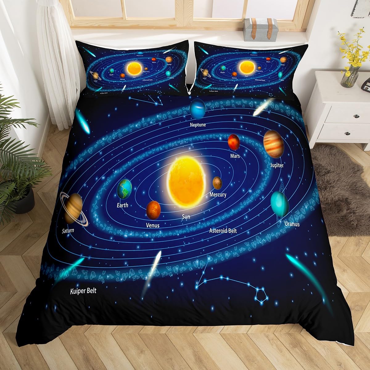 Outer Space Bedding Set Super King Solar System Duvet Cover for Girls Universe Themed Comforter Cover, Blue Galaxy Bedding for Teens Kids Planet Bedspread Cover With 2 Pillowcases