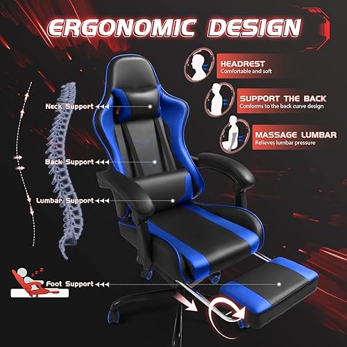 Miniatura 6 de Reposapiés y soporte lumbar de masaje, sillas de videojuegos, asiento ajustable en altura con reposacabezas para oficina o dormitorio, sala de