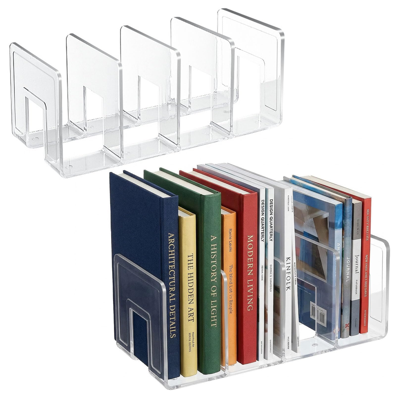 2 Pièces Porte Revue en Acrylique Transparent, 4 Compartiments Organiseur de Fichiers pour Livre Séparateur de Sac à Main pour Bureau, Classe, Chambre, Bibliothèque, Cuisine