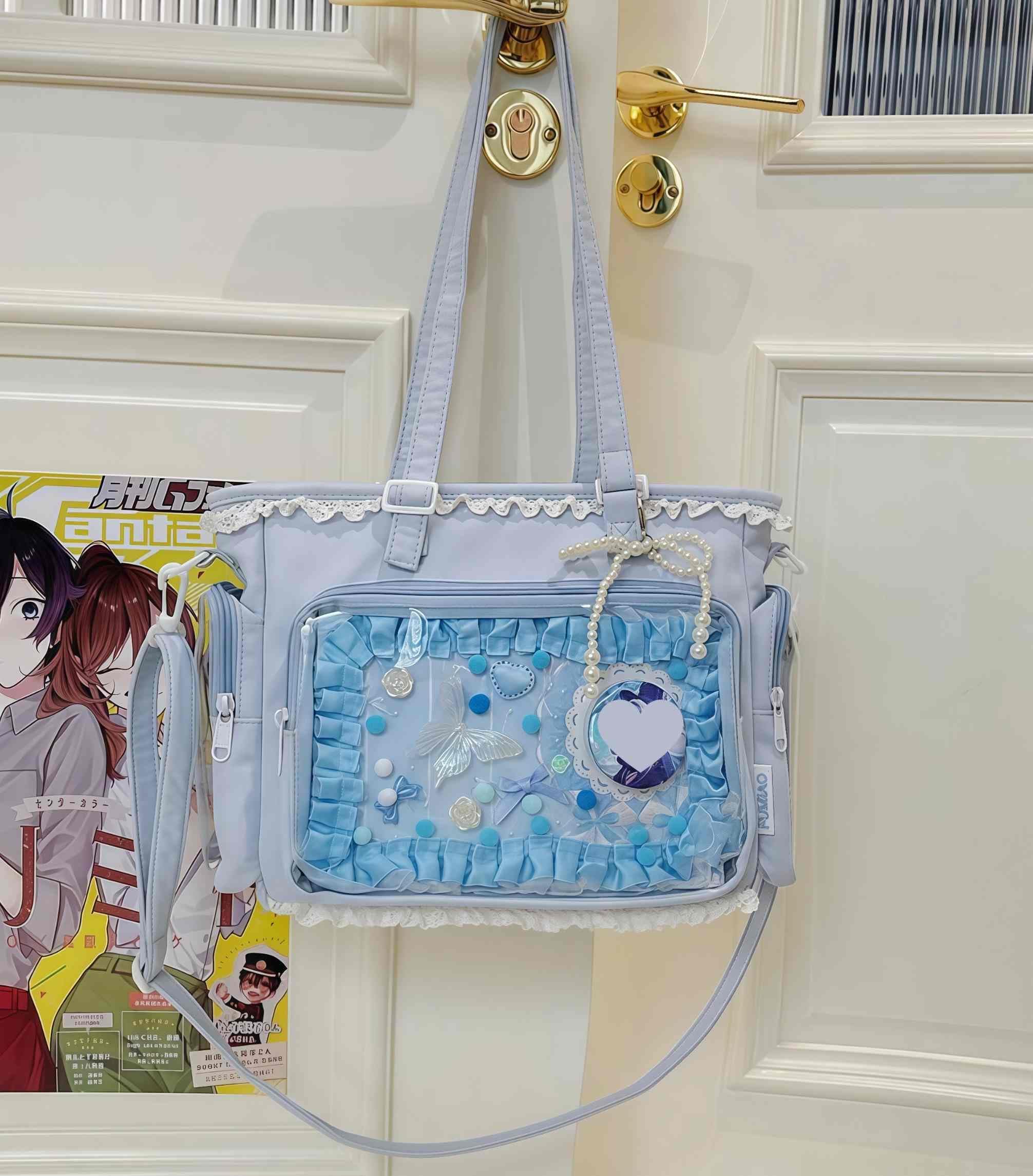 Ita Bag Kawaii, Borsa a Tracolla Donna con Finestra Trasparente e Inserto per Spille Anime, Borsa Crossbody Y2K con Volant e Cerniera, per Cosplay e Uso Quotidiano