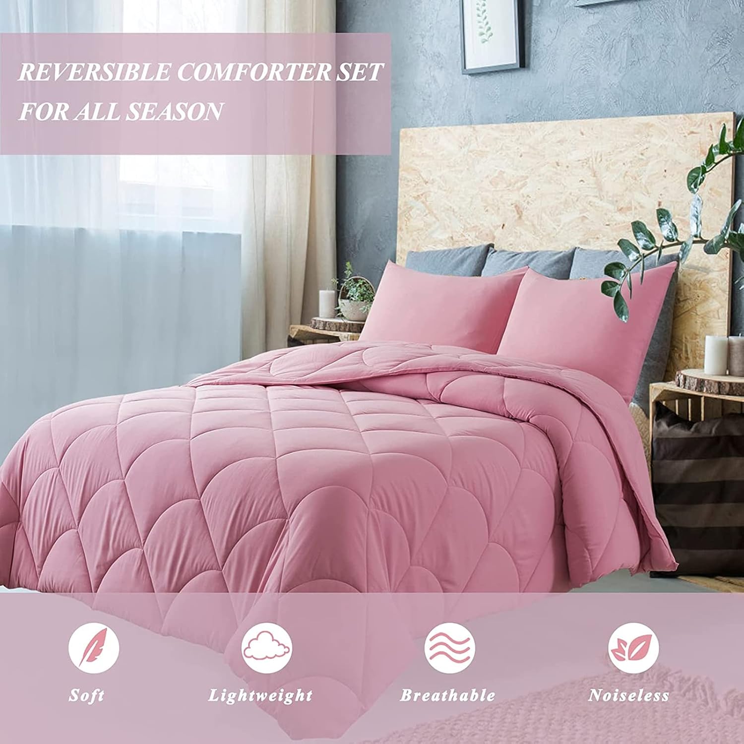ELNIDO QUEEN Pink Full Comforter Set with 2 Pillow Shams - 3 Pieces Bed Comforter Set - Quilted Down Alternative Lightweight All Season Bedding Comforter Sets Full Size(82x86 inch)