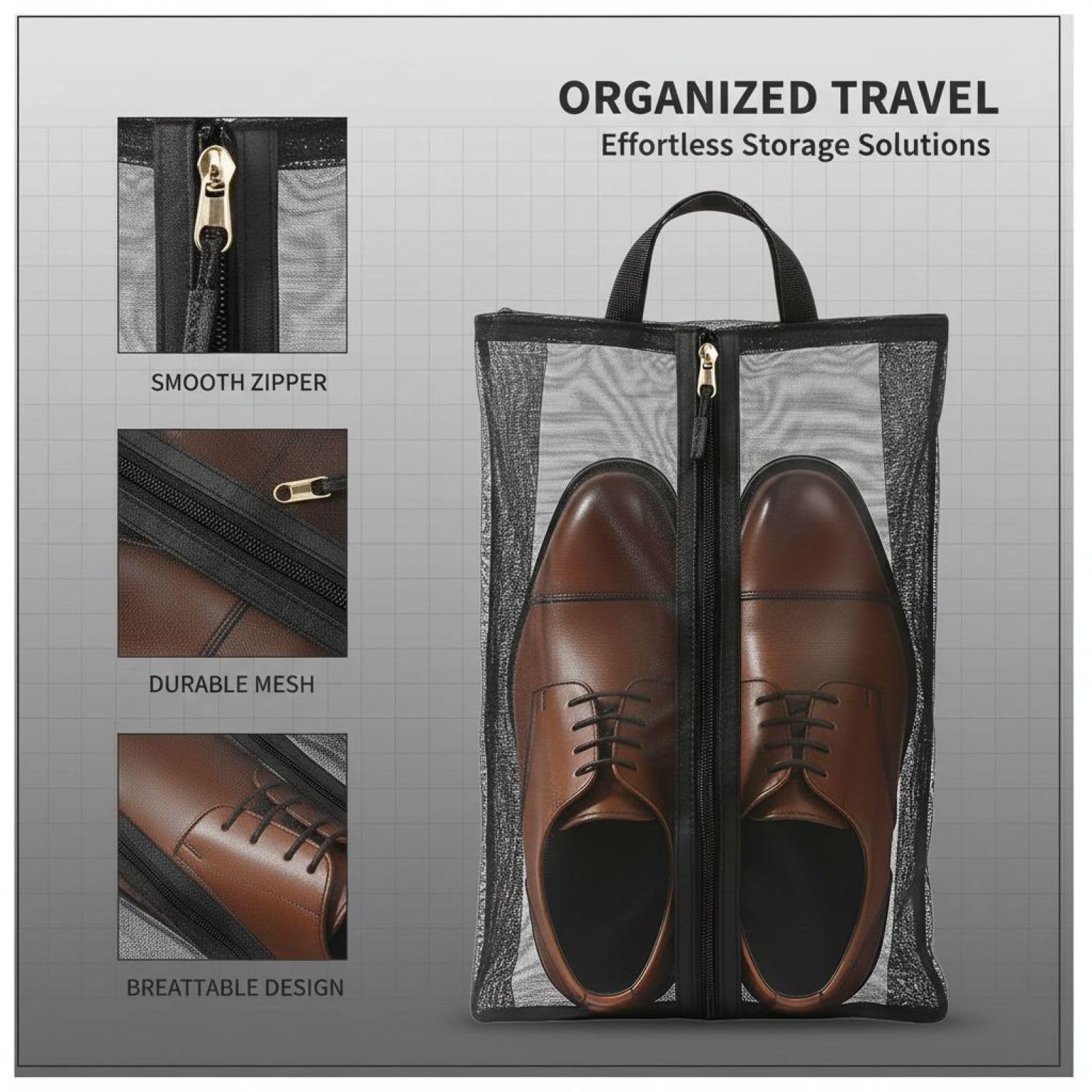 2 Schuhbeutel für Reisen, 40 x 25 cm große Nylon-Schuh-Packtaschen mit Mesh-Design, Unisex Schuhbeutel zum Verstauen für Koffer und Schrank, atmungsaktiv, schwarz