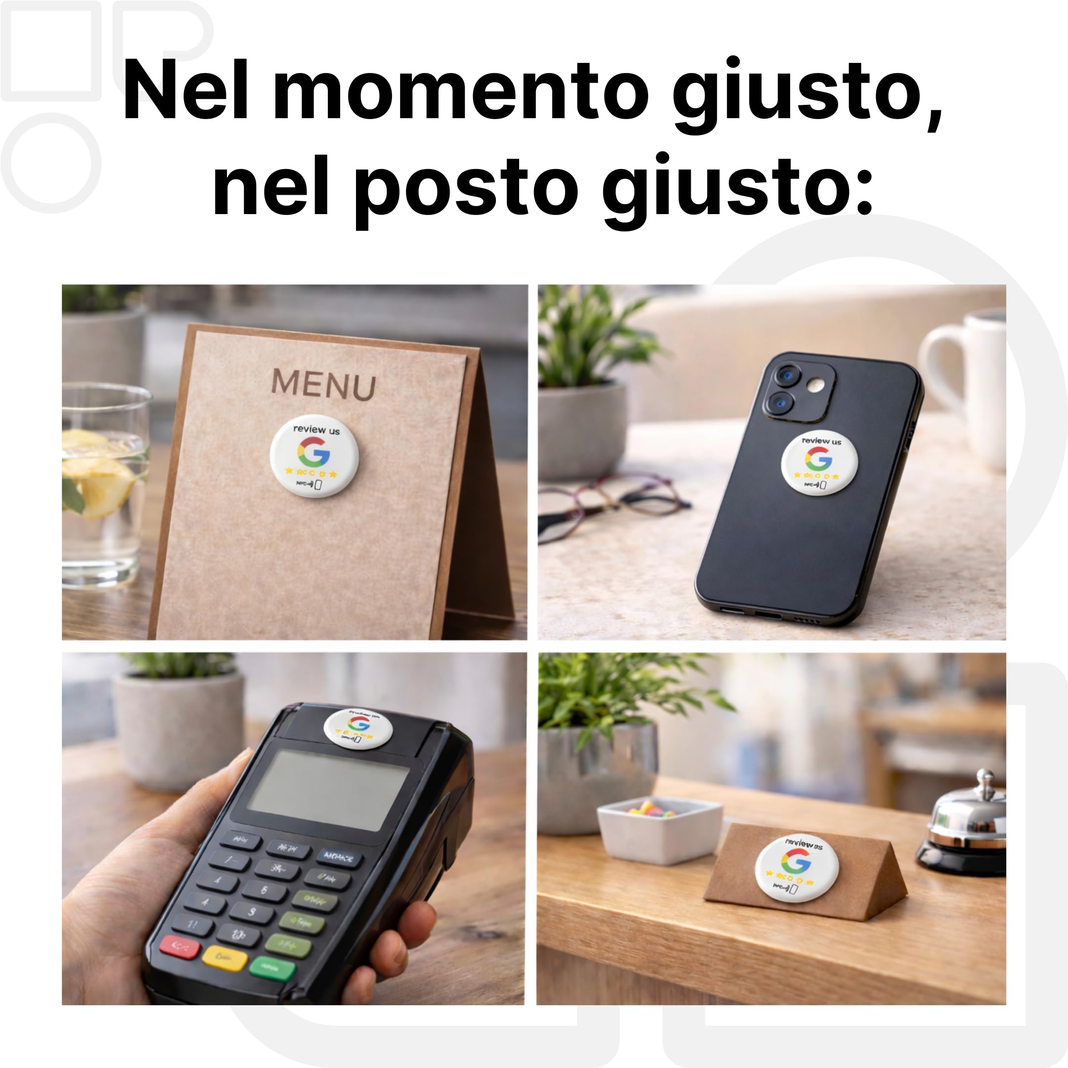 10 adesivi NFC "review us" – tag per Google Reviews – 3 cm, auto-programmabili, forte adesione – riutilizzabili e senza contatto – aumenta le valutazioni in più posizioni