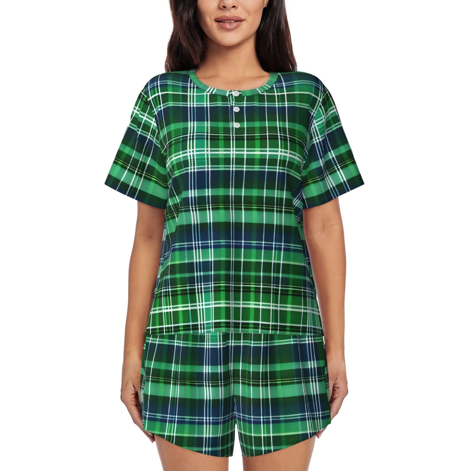 Jejea Women's Black Blue And Green Scottish Tartan Print 2 Piece Pajama Set With Pockets Pjs Summer Sleepwear Set Round Neck Short Sleeve