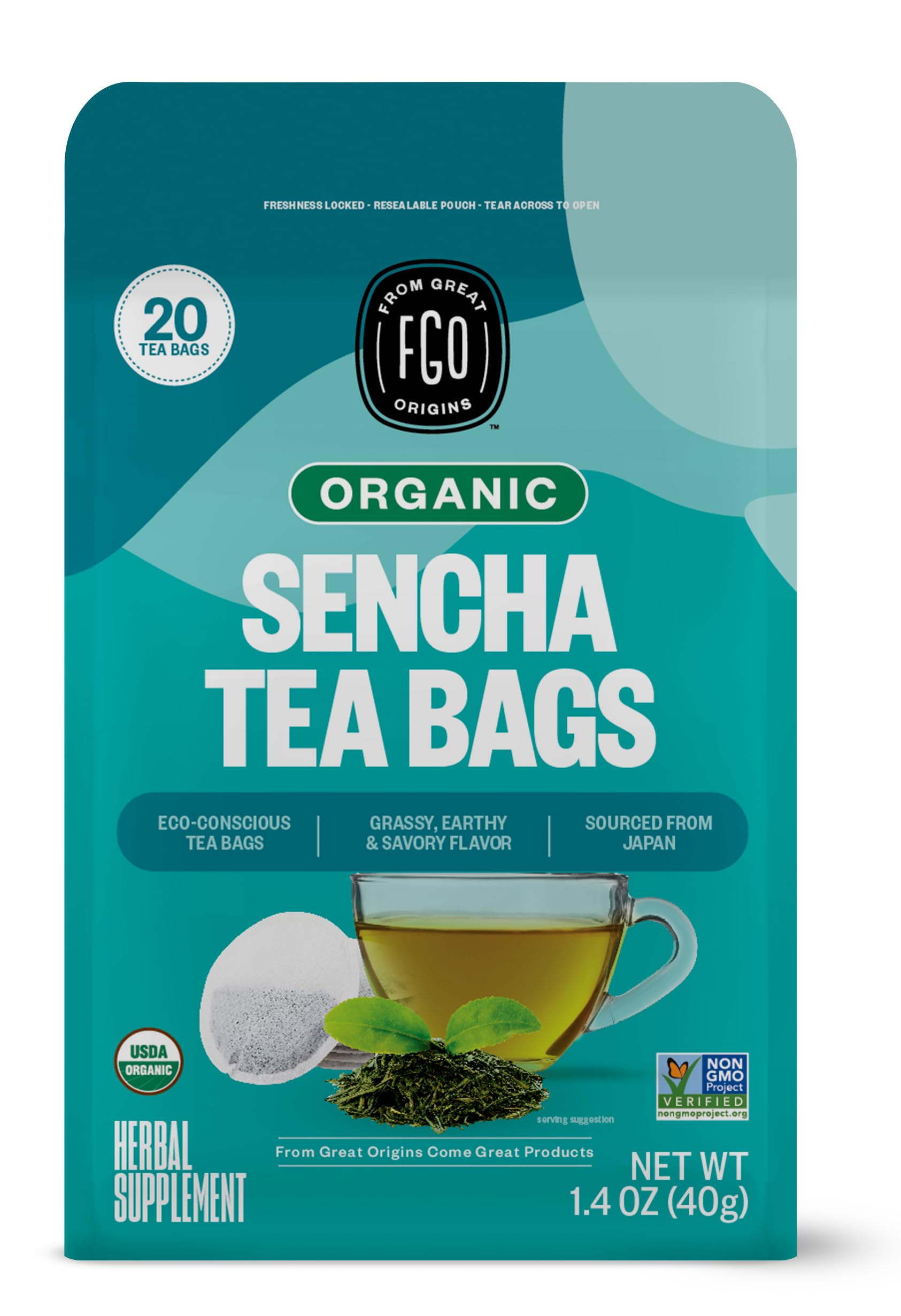 FGO Organic Japanese Sencha Green Tea, 20 Count, Eco-Conscious Tea Bags, Resealable Bag, Packaging May Vary (Pack of 1)