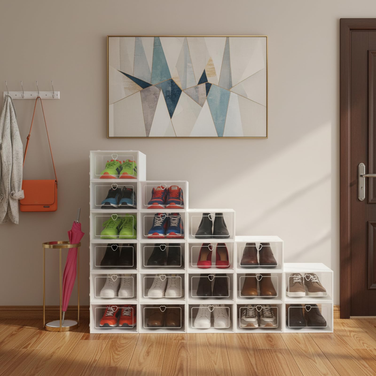 Juego de 20 cajas para zapatos con tapa abatible, apilables, transparentes, de plástico, resistentes cajas de zapatos para zapatillas y zapatos, solución organizadora para ahorrar espacio