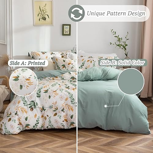 Miniatura 4 de MILDLY Juego de funda de edredón de granja, 100% algodón lavado, estampado de flores de jardín, tamaño Queen, funda de edredón suave y transpirable