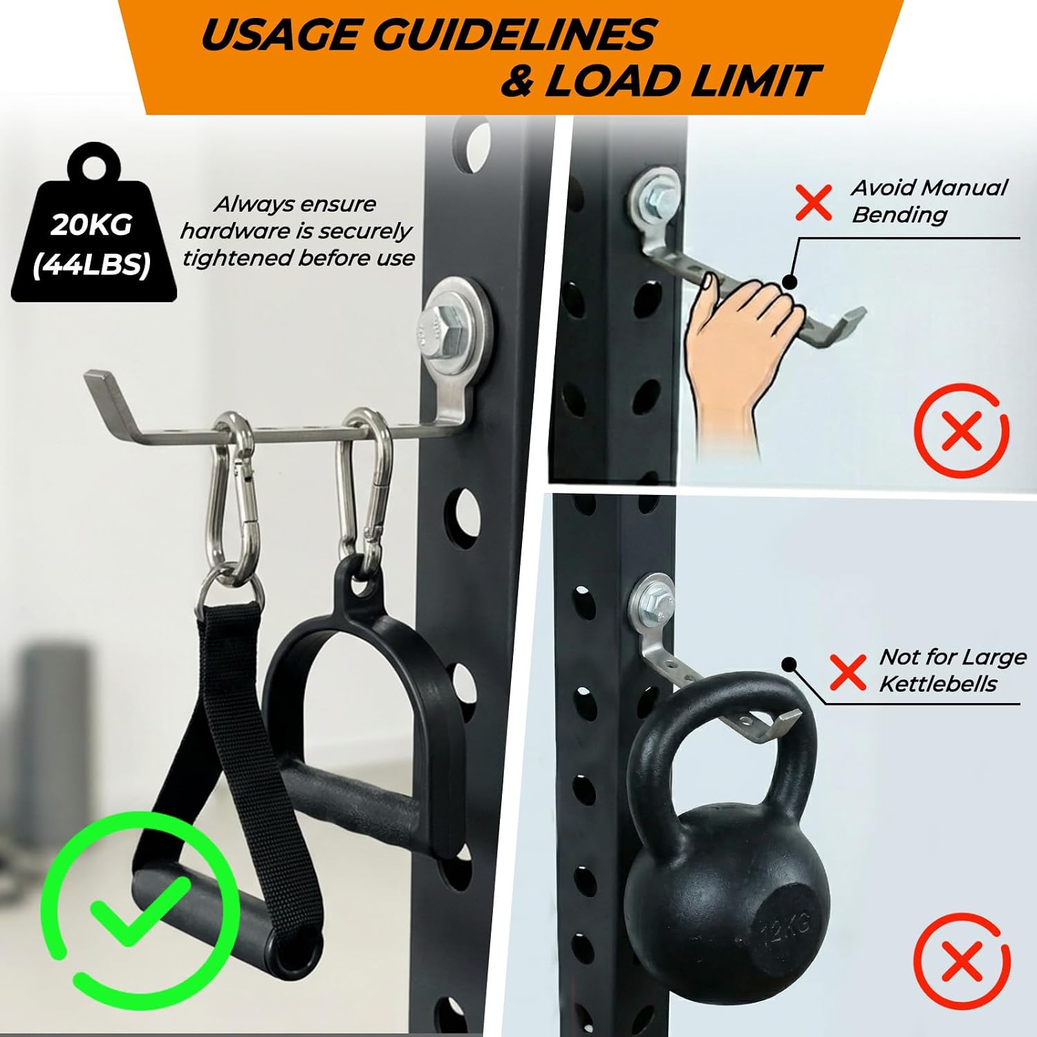 Squat Rack Hooks for 5/8" & 1" Holes, Stainless Steel Storage Hangers with Spacer, Rack Organizer for Cable Attachments, Resistance Bands & Gym Accessories