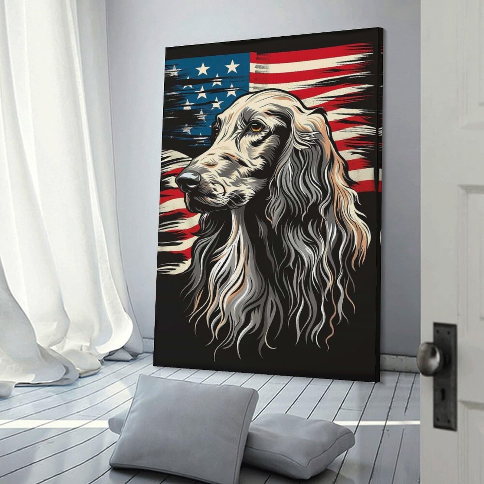Junmoney Frame-Style-2 Afghan Hound American Flag Canvas Art Print 24X36inch(60X90cm), For Bedroom Decor, Cosy Corners Or Studios, An Easy Wall Refresh For Bedrooms