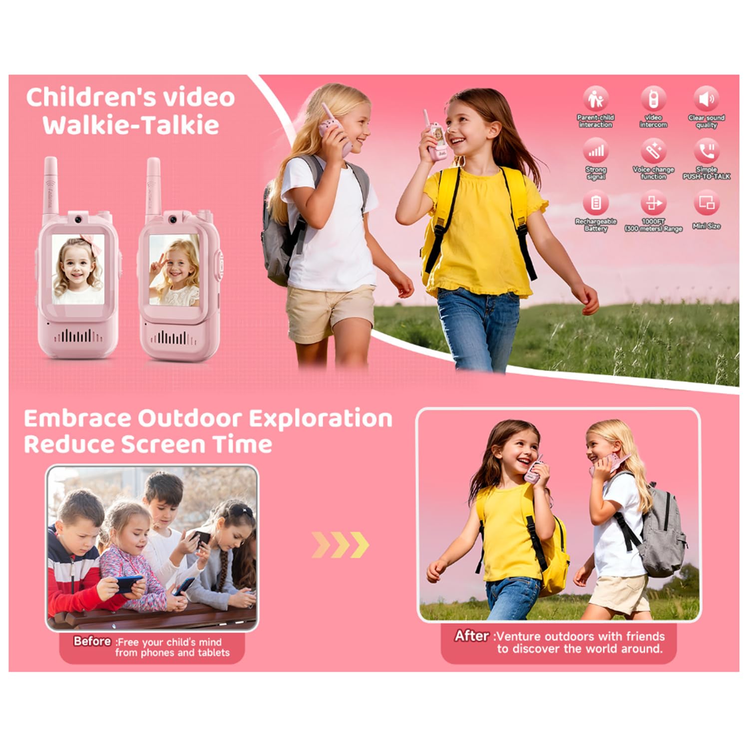 Set di walkie-talkie video per bambini da 2 pezzi Intercomunicazione visiva genitore-figlio Giocattolo interattivo educativo con fotocamera HD e funzione modificazione della voce Ideale giochi in casa