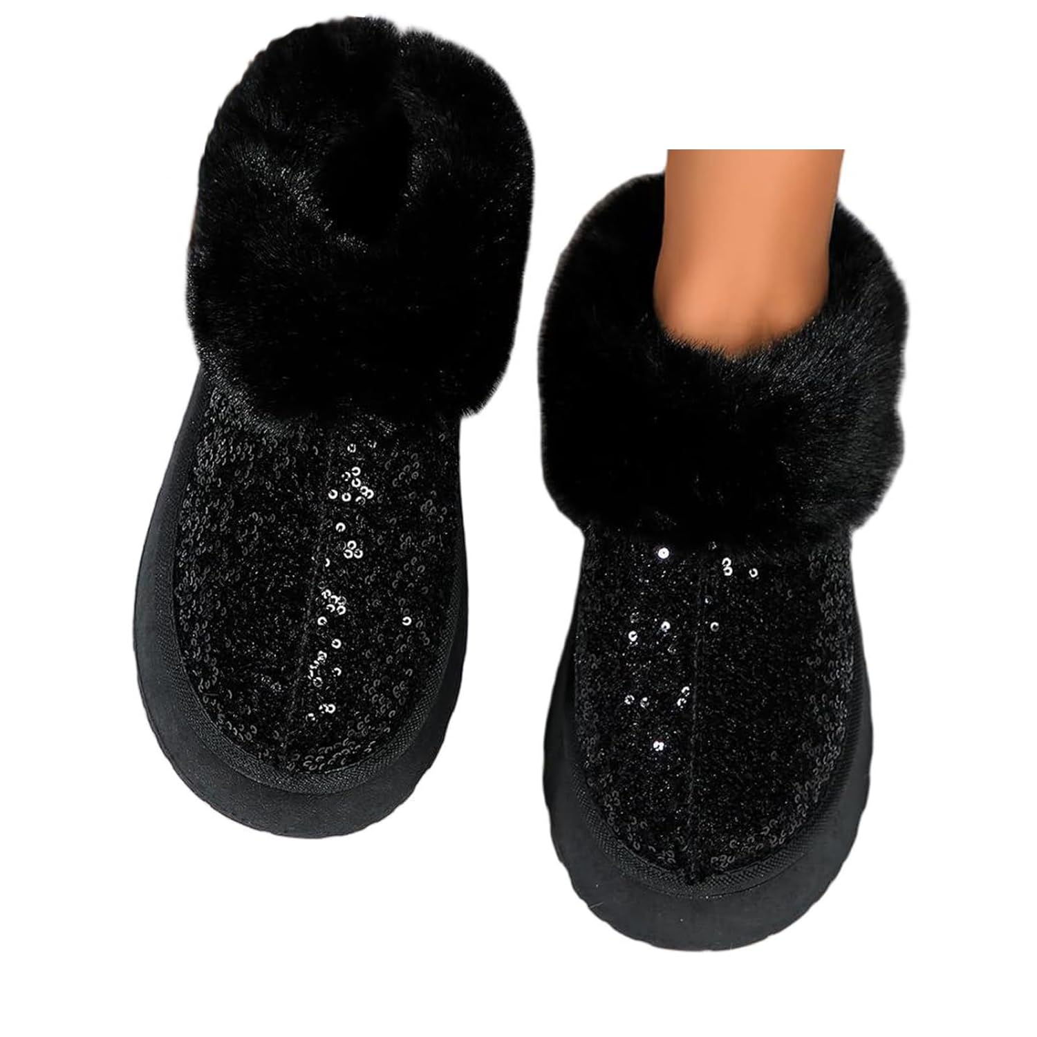 Womens Platform Slip On Boots Sequin Snow Boots Fuzzy Slippers Winter Warm Slip-resistant Shoes Indoor Outdoor