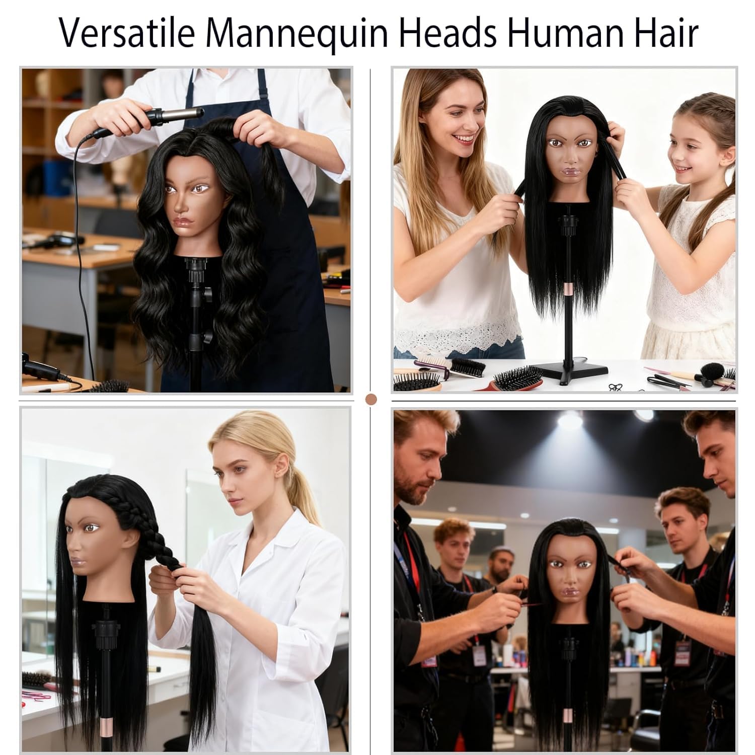 Friseur Übungskopf 100% Echthaar, 66 cm / 26 Zoll Mannequin Kopf mit Haaren, Friseurkopf Trainingskopf mit Klemme & Zubehör, Frisierpuppe für Schneiden, Flechten, Styling (Schwarz)