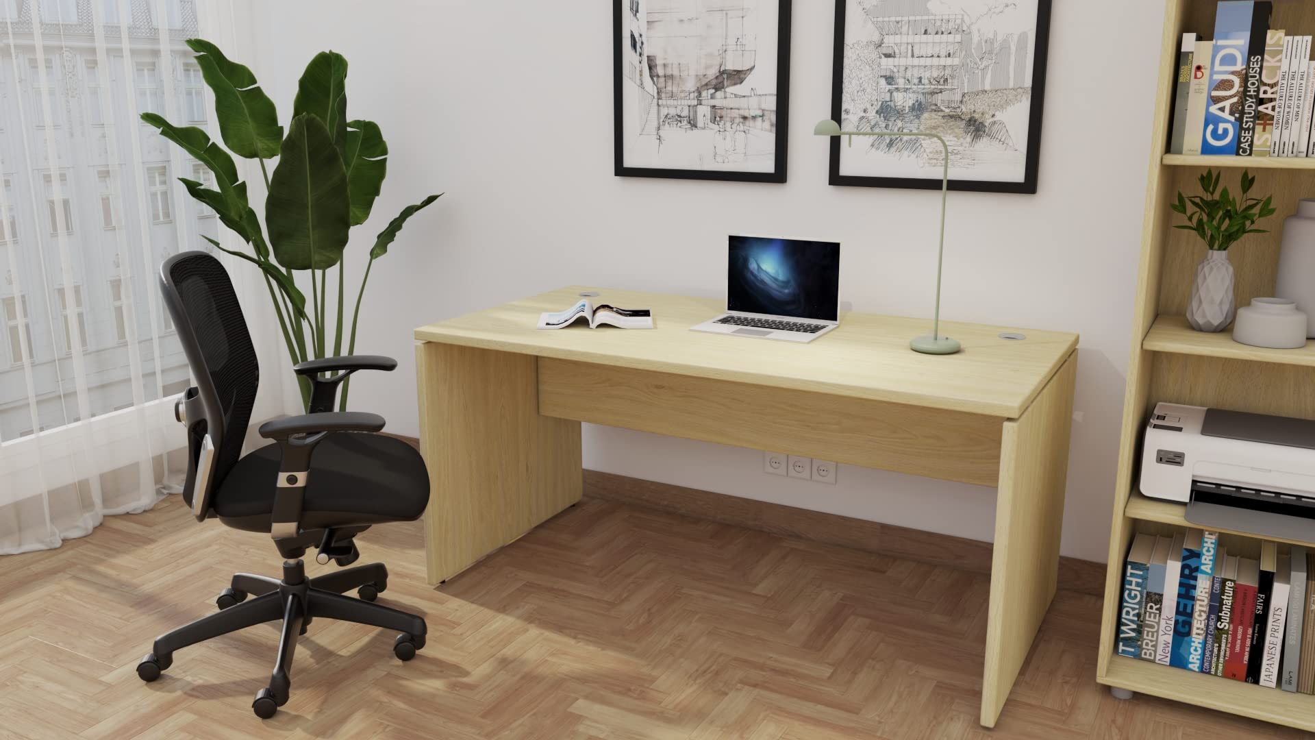 Spacio Escritorio de Madera H20, Mesa de Oficina para Ordenador con Pata de Panel, Tablero 30mm (Blanco, 160x80cm)