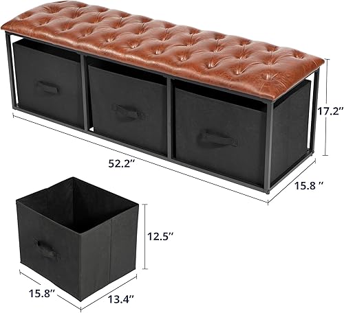 Miniatura 3 de Cozy Castle Large Faux Leather Upholstered Bench 52-Inch Dining Room Bench with Storage Shelf Brown