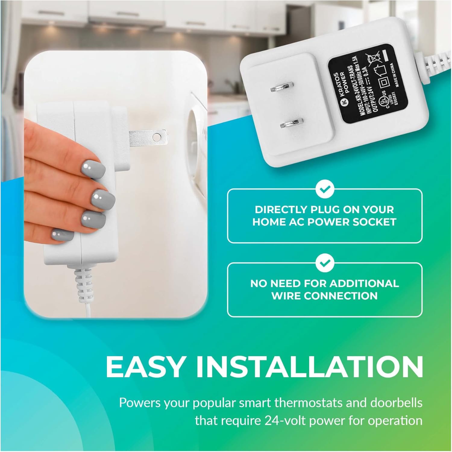 Kratos Power C-Wire Adapter white Power Charger for Battery Charging, Ring Doorbell, Wifi Thermostats, Nest Thermostat with Power Supply of 24 Volt with Cable Clips for Connecting Devices, (2 Items)