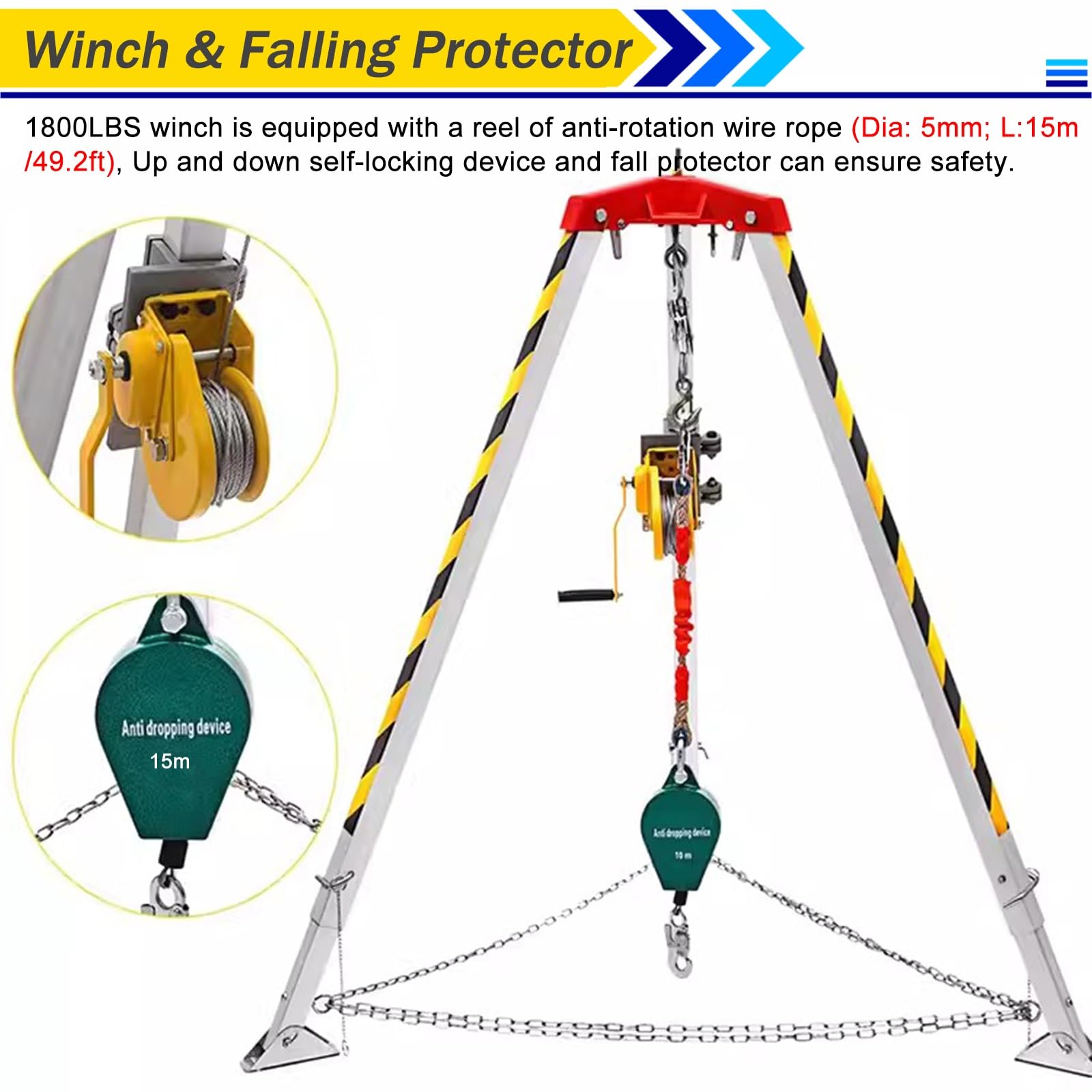 Kit treppiede regolabile per impieghi gravosi per soccorso stradale – Sistema a corda per spazi ristretti per la pulizia di pozzi profondi e la riparazione di tubi – Funzioni di sicurezza avanzate