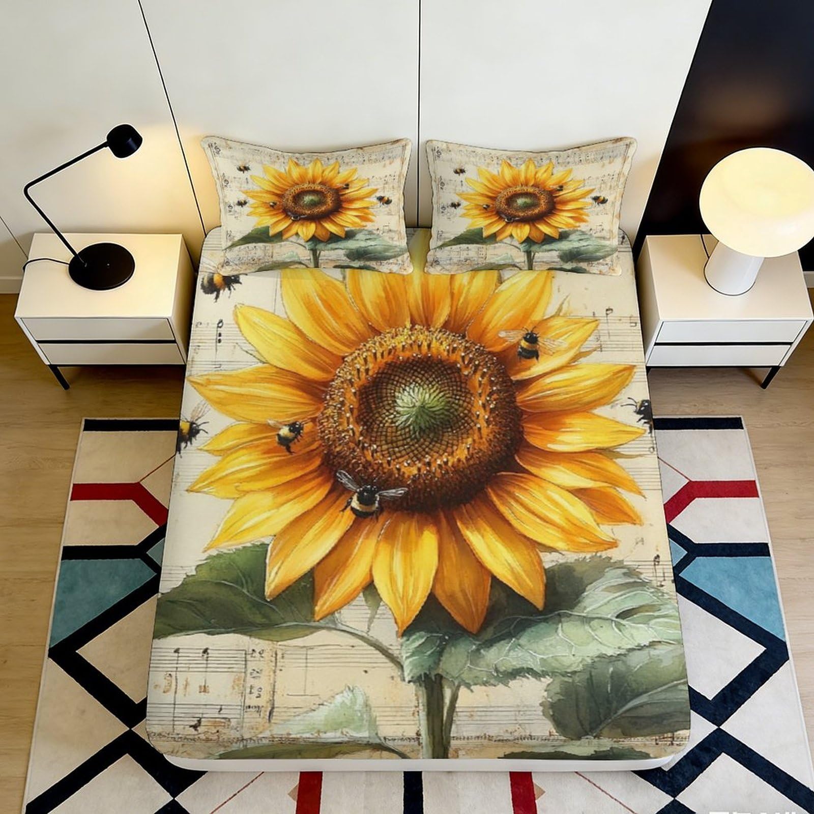 3D Printed Sunflower Bee Fitted Sheet Microfiber Soft Decorative Art Bed Cover for Bedroom Guestroom Protection 90x200x25cm