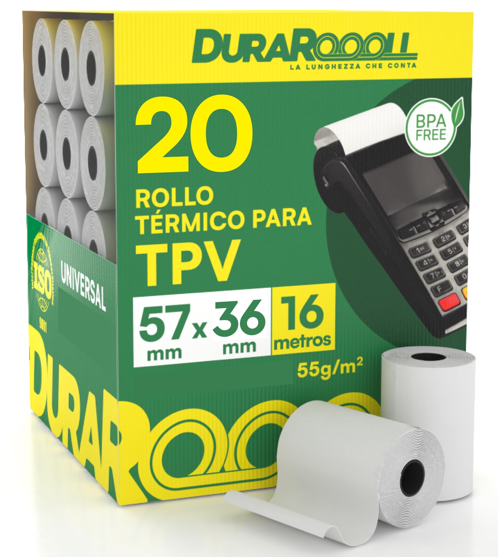 20 Rollos Papel Termico TPV Datafono DuraRoooll - Rollos Térmicos POS 57mmx36mmx16m Compatibles con Nexi SumUp Pax Axerve Ingenico para Tiques Recibos Tarjetas de Débito y Crédito