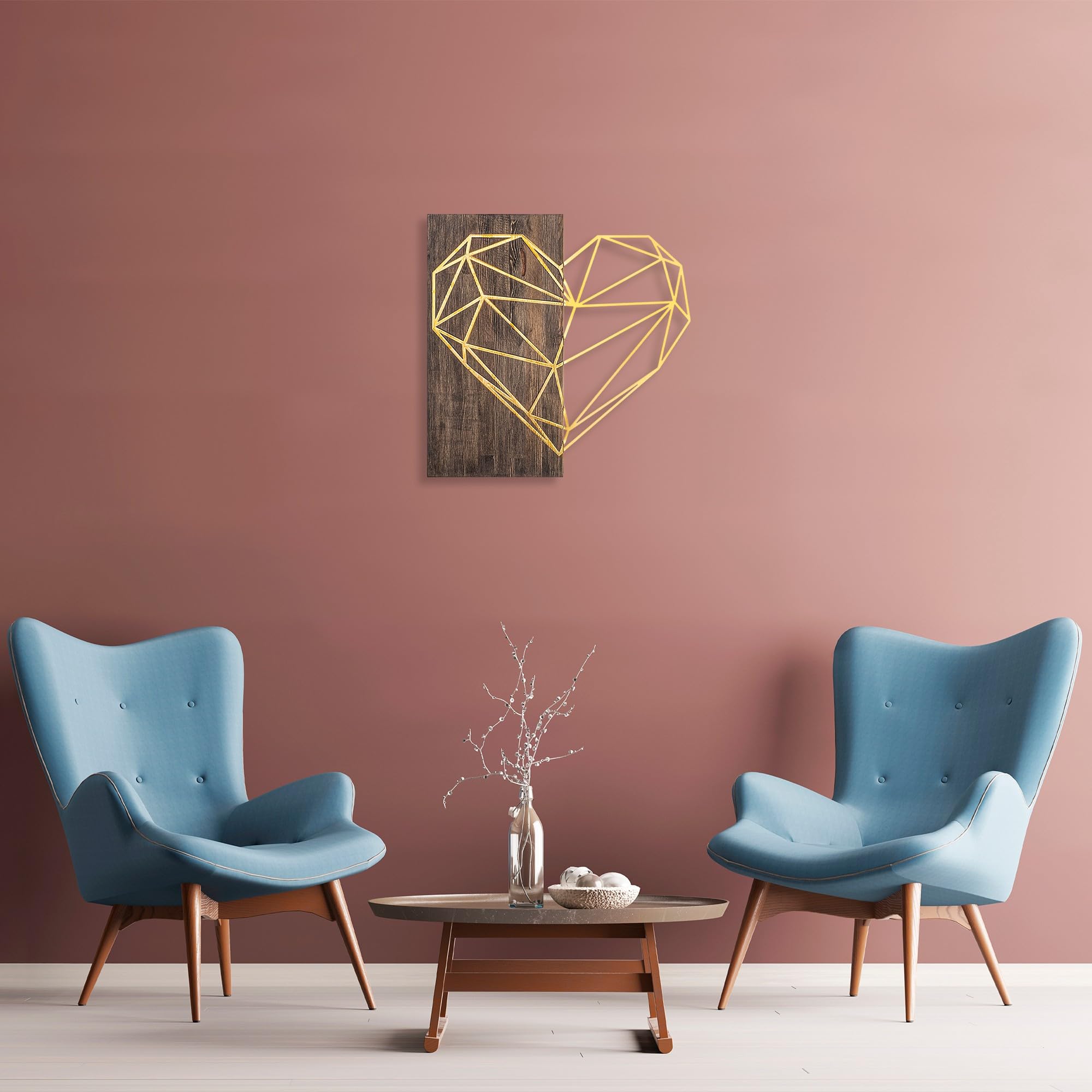 Elegant Decorative Wooden Wall Accessory, 58 x 58 cm, Walnut & Gold, 50% Wood (3 cm) & 50% Metal (1.5 mm), Wall Mountable, Unique Design