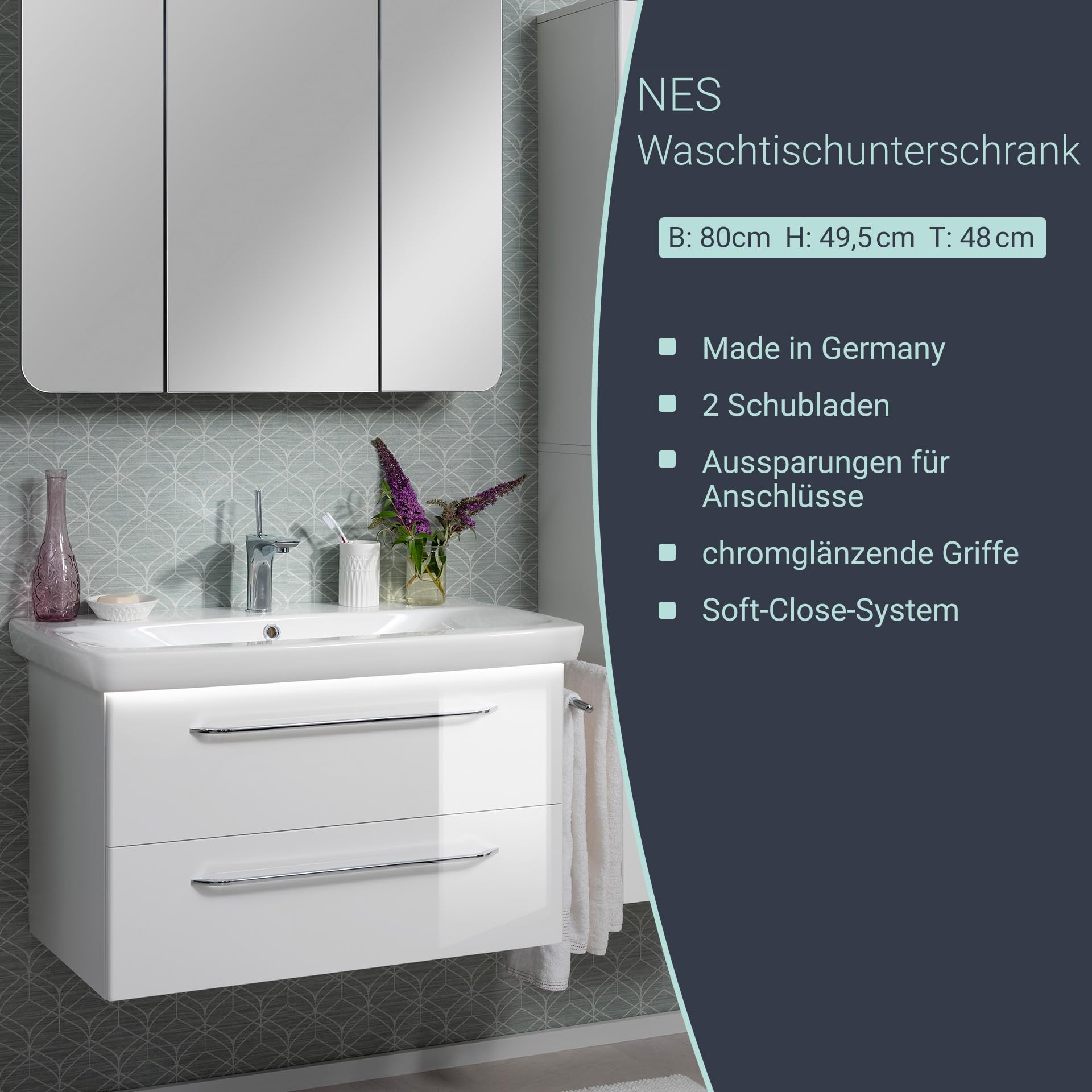 BadeDu NES Waschbeckenunterschrank in Weiß – 80cm breiter Waschtischunterschrank, Zeitlos moderner Stil, 2 Schubladen mit Soft-Close – Made in Germany